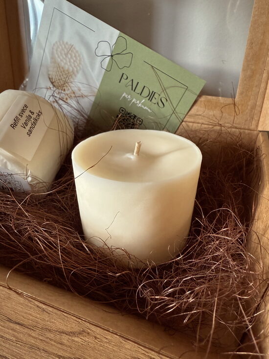 Sojas vaska uzpildes svece - refill kristāla stikla sveču traukiem ar aromātu pēc izvēles